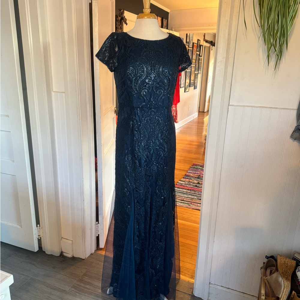 Adrianna Papell Navy Sequin & Lace Gown with Godet Skirt
